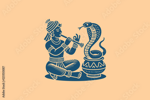 Indian snake charmer with cobra, vintage engraving-style logo