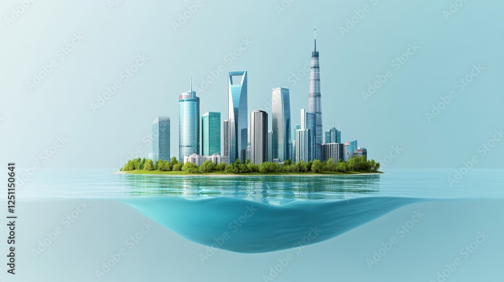Obraz premium Modern City Skyline on a Floating Island with Water Reflection and Clear Sky
