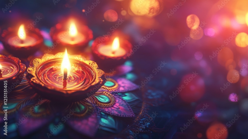 Festive Diwali lamps glow brightly, bokeh background Festive Diwali lamps glow brightly, bokeh background