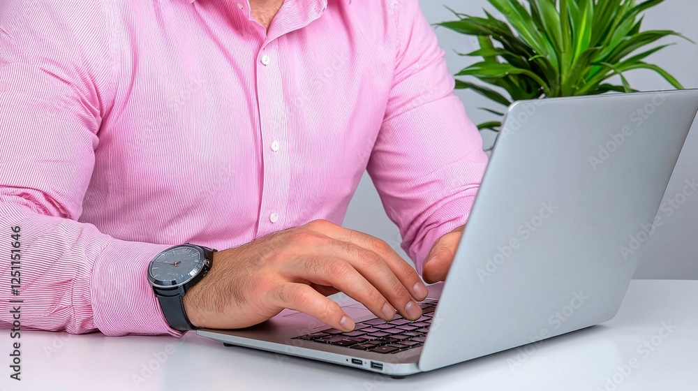 Naklejka premium A person in a pink shirt is typing on a laptop, with a green plant in the background, suggesting a modern workspace atmosphere.