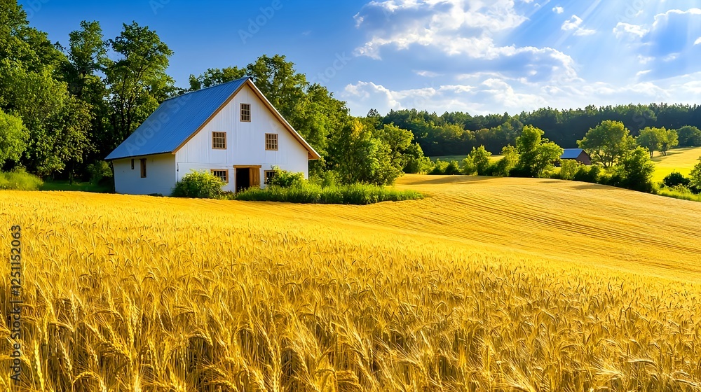 White Barn Golden Wheat Field Summer - Rural landscapes White Barn Golden Wheat Field Summer - Rural landscapes