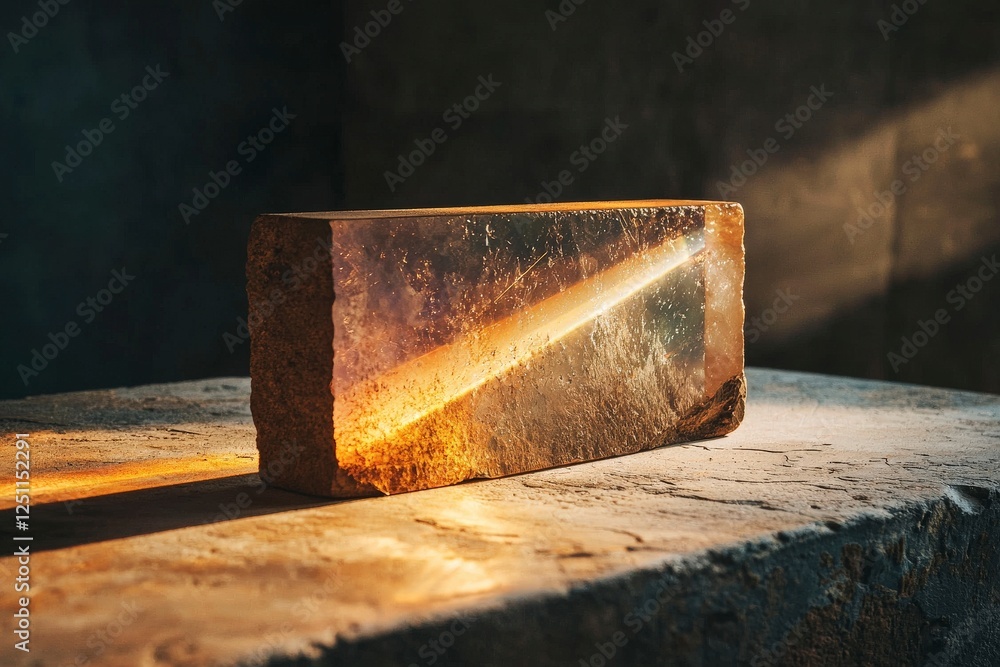 Stunning Sunlit Block of Amber Crystal on Rough Stone Table with Dramatic Lighting and Soft Shadows Stunning Sunlit Block of Amber Crystal on Rough Stone Table with Dramatic Lighting and Soft Shadows