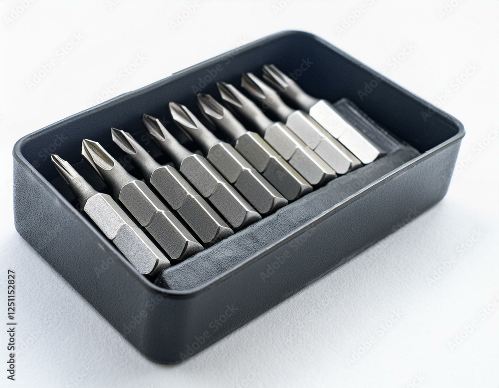 set of used bits for screwdriver in a black box isolated on white background, stationery set of used bits for screwdriver in a black box isolated on white background, stationery