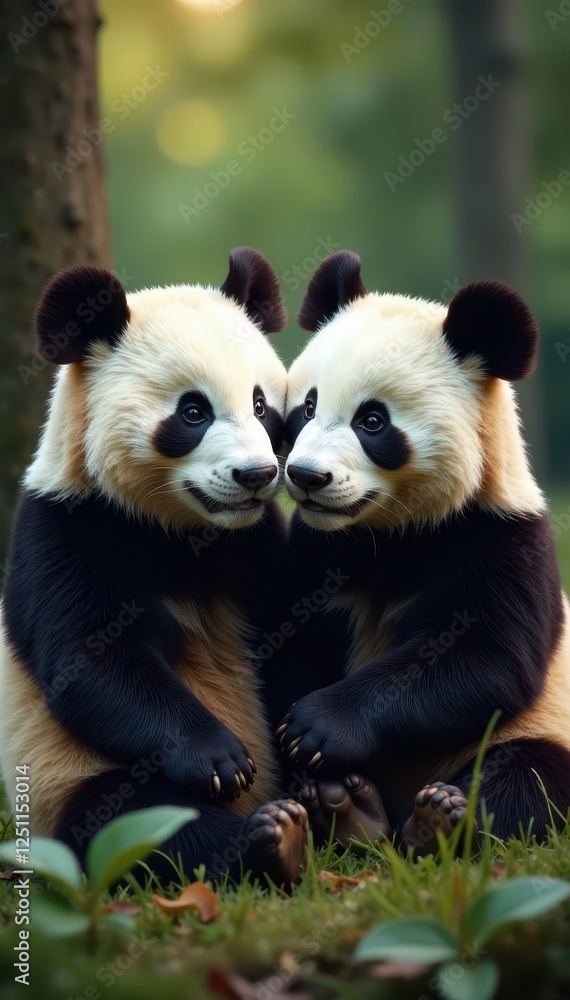 Obraz premium Adorable giant panda heads on the couple's faces , fur, animals, nature