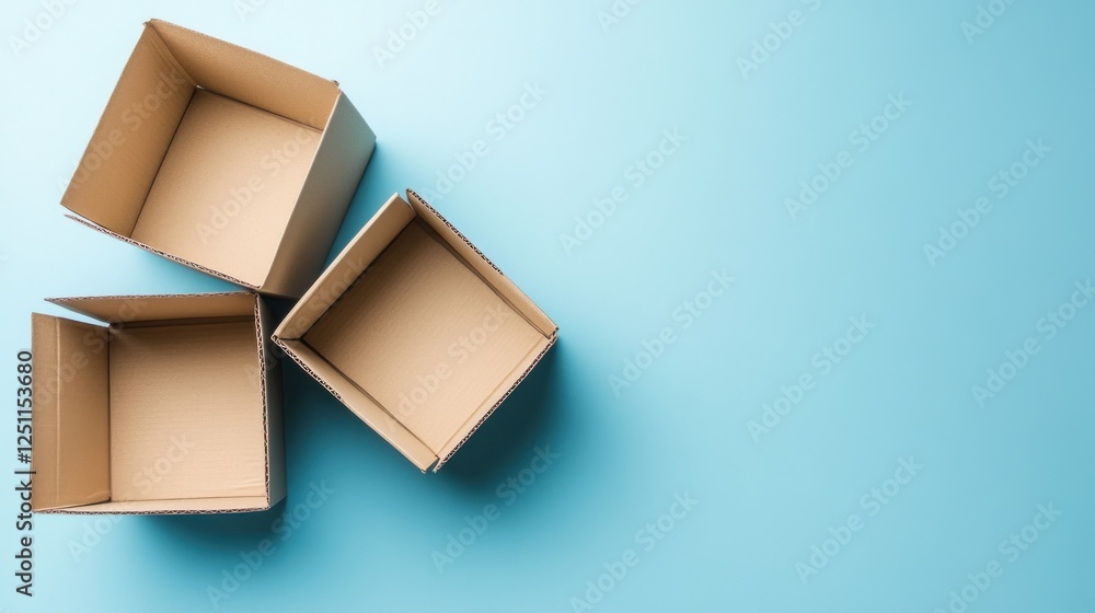 Obraz premium Empty cardboard boxes on blue background; packaging, delivery concept
