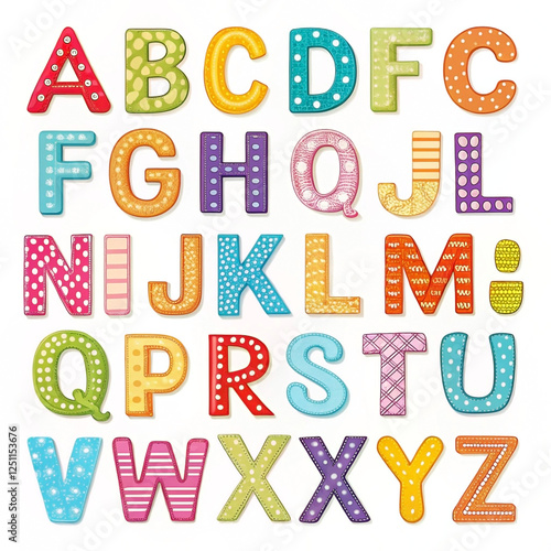 Colorful alphabet letters,  educational chart, white background, kids learning