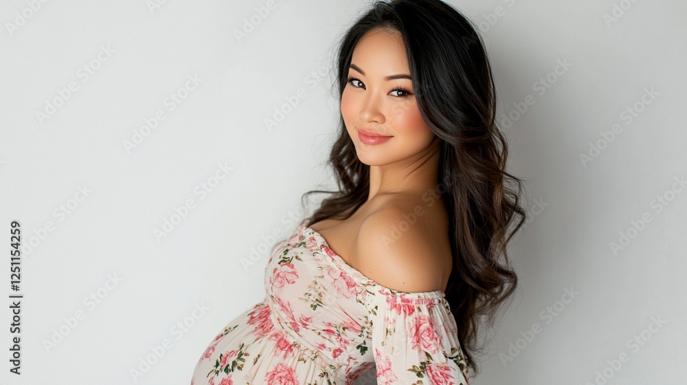 Beautiful young Asian woman with long wavy dark hair wearing romantic floral off-shoulder dress posing against white background, expressing joy and confidence in studio portrait. Beautiful young Asian woman with long wavy dark hair wearing romantic floral off-shoulder dress posing against white background, expressing joy and confidence in studio portrait.