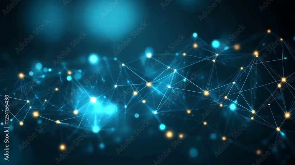Abstract Turquoise Blue Network with Golden Nodes, Data Visualization, Perspective View, Sharp Edges Abstract Turquoise Blue Network with Golden Nodes, Data Visualization, Perspective View, Sharp Edges