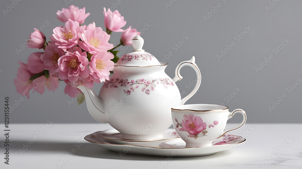 Charming Victorian teacup and plate setting with fresh porcelain cup adorned with pink flowers on a background. Charming Victorian teacup and plate setting with fresh porcelain cup adorned with pink flowers on a background.