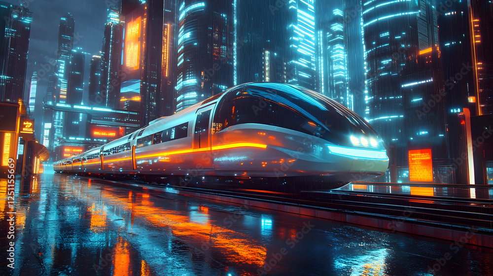 Futuristic high-speed train in neon-lit cyberpunk cityscape at night Futuristic high-speed train in neon-lit cyberpunk cityscape at night