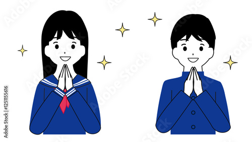 手を合わせて喜んでいる男女の学生のイラスト