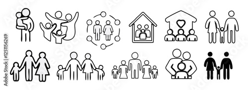 Family icons set. Containing parents, mother, father, children, baby, grandparents and household icons. Vector illustration.