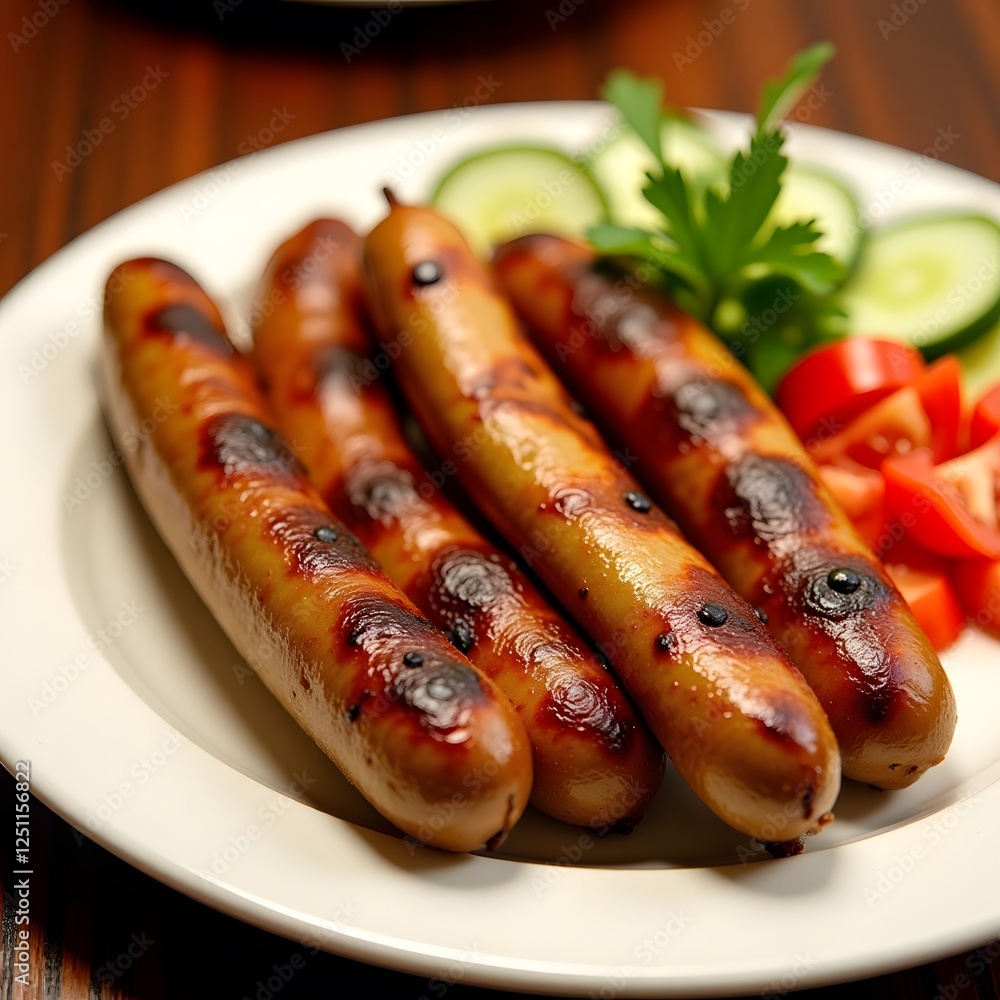 Grilled sausages on plate with vegetables and herbs, Kebapche Grilled sausages on plate with vegetables and herbs, Kebapche
