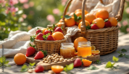 Summer Picnic Basket with Fresh Fruits and Honey