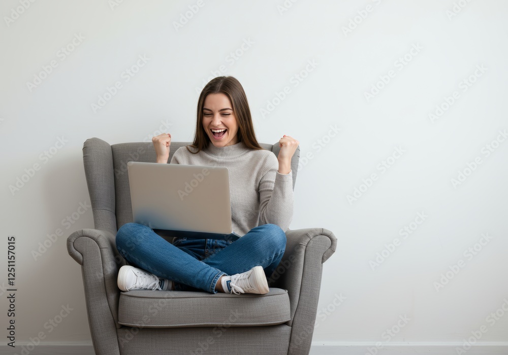 Woman sitting in chair, using laptop. Suitable for technology, work, remote job, freelance, blogging, online shopping, communication concepts. Woman sitting in chair, using laptop. Suitable for technology, work, remote job, freelance, blogging, online shopping, communication concepts.