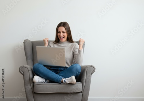 Free Download Woman sitting in chair, using laptop. Suitable for technology, work, remote job, freelance, blogging, online shopping, communication concepts. - GFXLoad