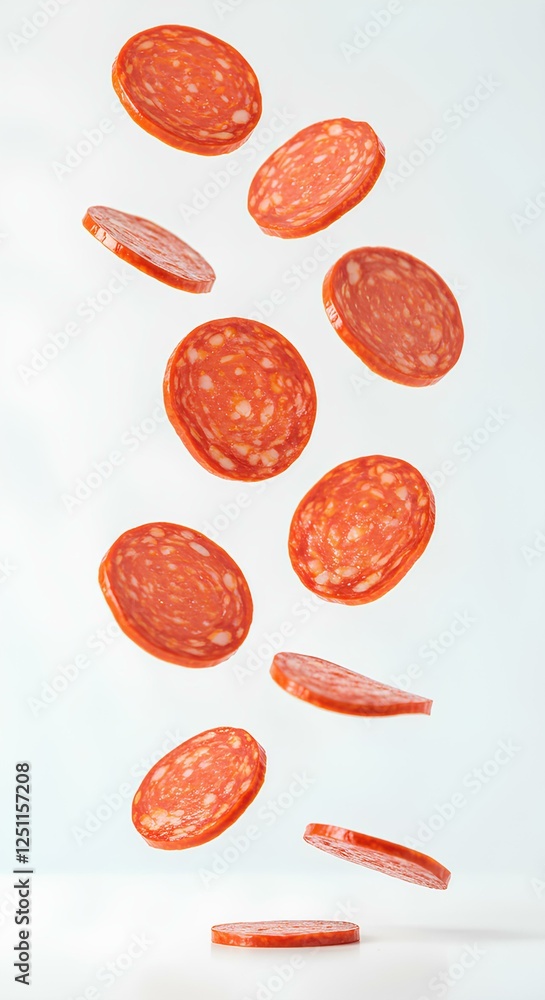 Pepperoni slices falling down on white background. pepperoni flying on white background. pepperoni as pizza topping white background. red meat food Pepperoni slices falling down on white background. pepperoni flying on white background. pepperoni as pizza topping white background. red meat food
