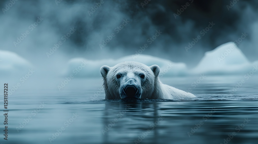 Majestic polar bear swims through arctic waters with misty icebergs behind, creating ethereal blue-white scene with crystal reflections and dramatic fog in National Geographic style. Majestic polar bear swims through arctic waters with misty icebergs behind, creating ethereal blue-white scene with crystal reflections and dramatic fog in National Geographic style.