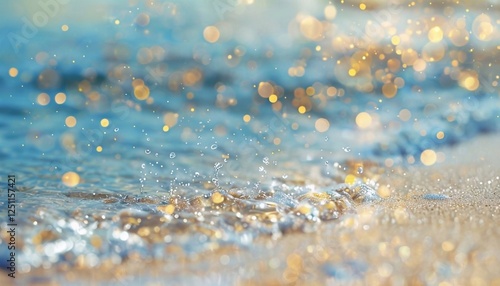 Tropical beach, natural background. Sea water blur and bright sunlight. Abstract bokeh, golden patterns. Summer vacation and travel concept - generative AI