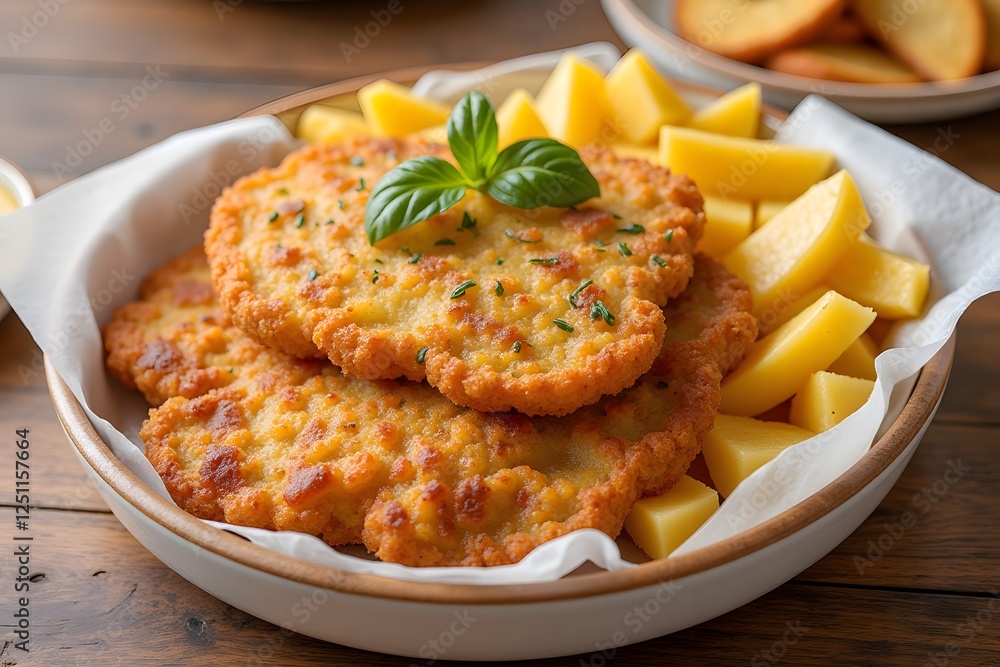 Crispy chicken schnitzel with fries garnished with fresh basil, Milanesa Crispy chicken schnitzel with fries garnished with fresh basil, Milanesa