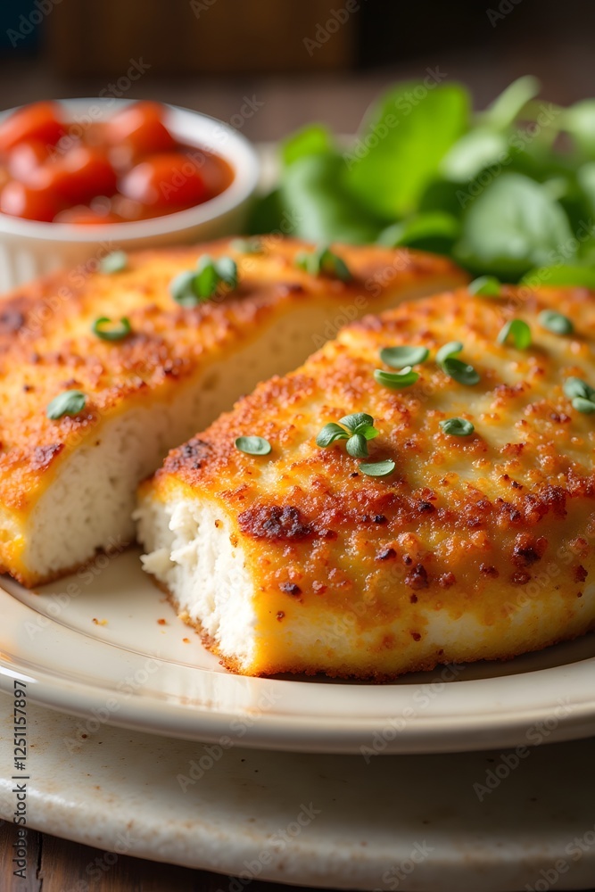 Cheesy bread with herbs and cherry tomatoes on a plate,Milanesa Cheesy bread with herbs and cherry tomatoes on a plate,Milanesa