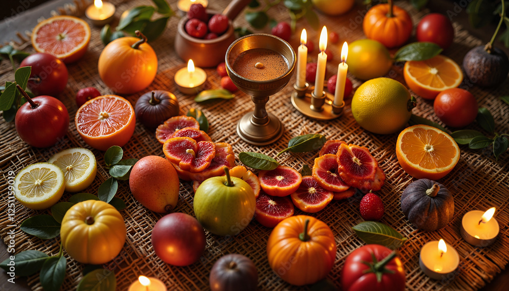 Naklejka premium Colorful arrangement of fruits and candles on a woven surface 