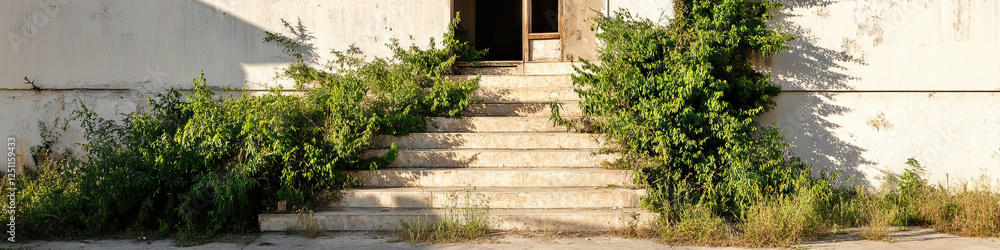 Overgrown Staircase and Doorway of a Weathered Building Overgrown Staircase and Doorway of a Weathered Building
