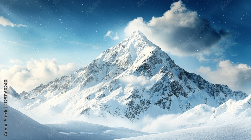 Obraz premium Winter storms blizzard landscape concept, Majestic snow-covered mountain peak under a bright blue sky with clouds.