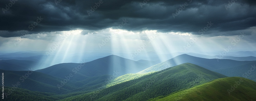 Fototapeta premium Expansive mountain vistas showcasing dramatic weather patterns with dark storm clouds rolling in and rays of sunlight breaking through the wilderness