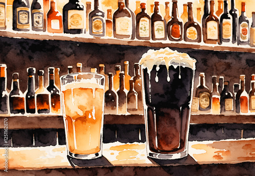 a painting of a bar with bottles of beer