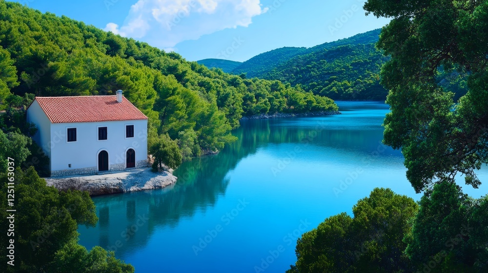 Lakeside House in Green Hills - Serene landscape photo of a white house by a stunning blue lake surrounded by lush green hills. Perfect for travel, nature, and real estate. Lakeside House in Green Hills - Serene landscape photo of a white house by a stunning blue lake surrounded by lush green hills. Perfect for travel, nature, and real estate.