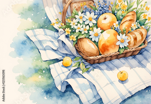a basket of fruit and flowers on a blanket