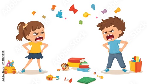 Angry Children Arguing Over Scattered Toys