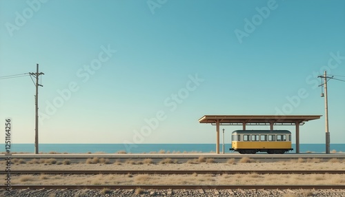 A serene coastal train station featuring a vintage yellow tram under a minimalist shelter, set against a tranquil sea and sky. Perfect for travel, nostalgia, and landscape themes.