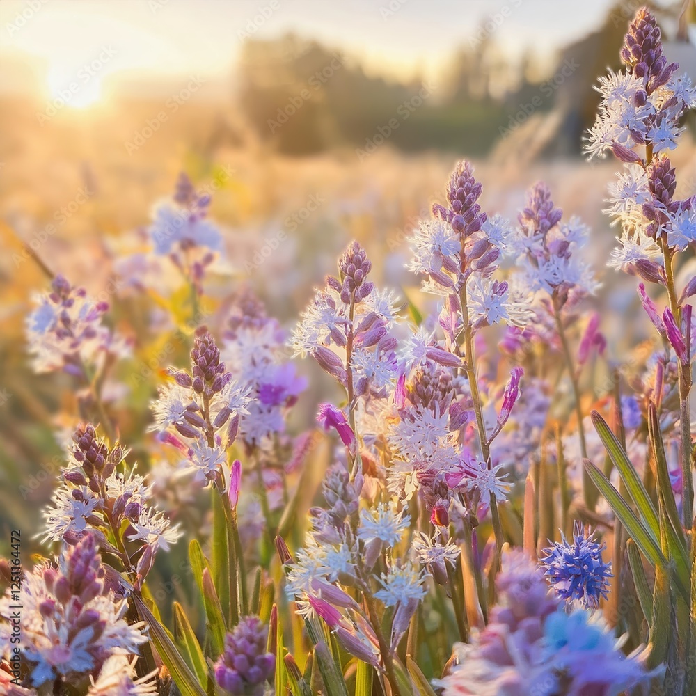 Obraz premium Bright depiction of firefly orchids blooming in a vibrant field at sunset, showcasing intricate details and lively colors