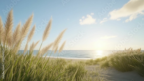 Sun-dappled coastal pathways bordered by swaying grasses, gentle ocean breeze, warm light creating an enchanting space for peaceful strolls. photo