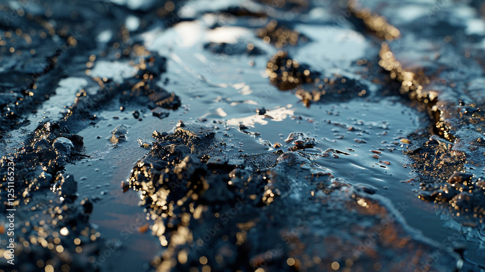 Dark Stains from Petroleum on Soil: A close-up of soil with visible dark stains, showcasing the damaging effects of petroleum contamination. Dark Stains from Petroleum on Soil: A close-up of soil with visible dark stains, showcasing the damaging effects of petroleum contamination.