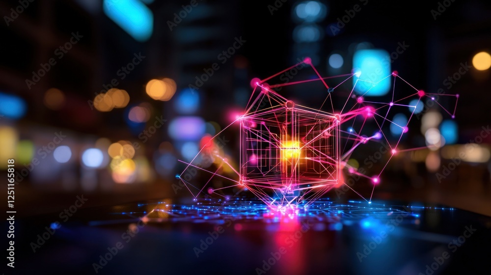 Glowing data cube on device, city night Glowing data cube on device, city night