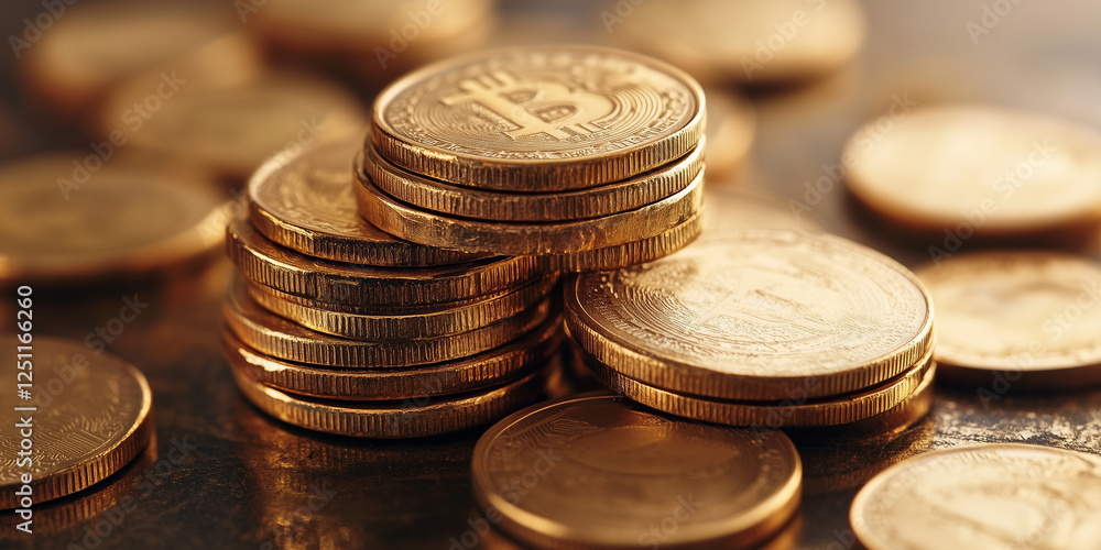Golden coins representing cryptocurrency stacked on a table in a well-lit environment Golden coins representing cryptocurrency stacked on a table in a well-lit environment