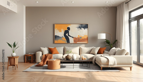 A stylish living room showcasing a modern sofa, abstract wall art, and cozy furnishings. The blend of neutral tones and natural elements creates a warm atmosphere, low-poly. with white shades