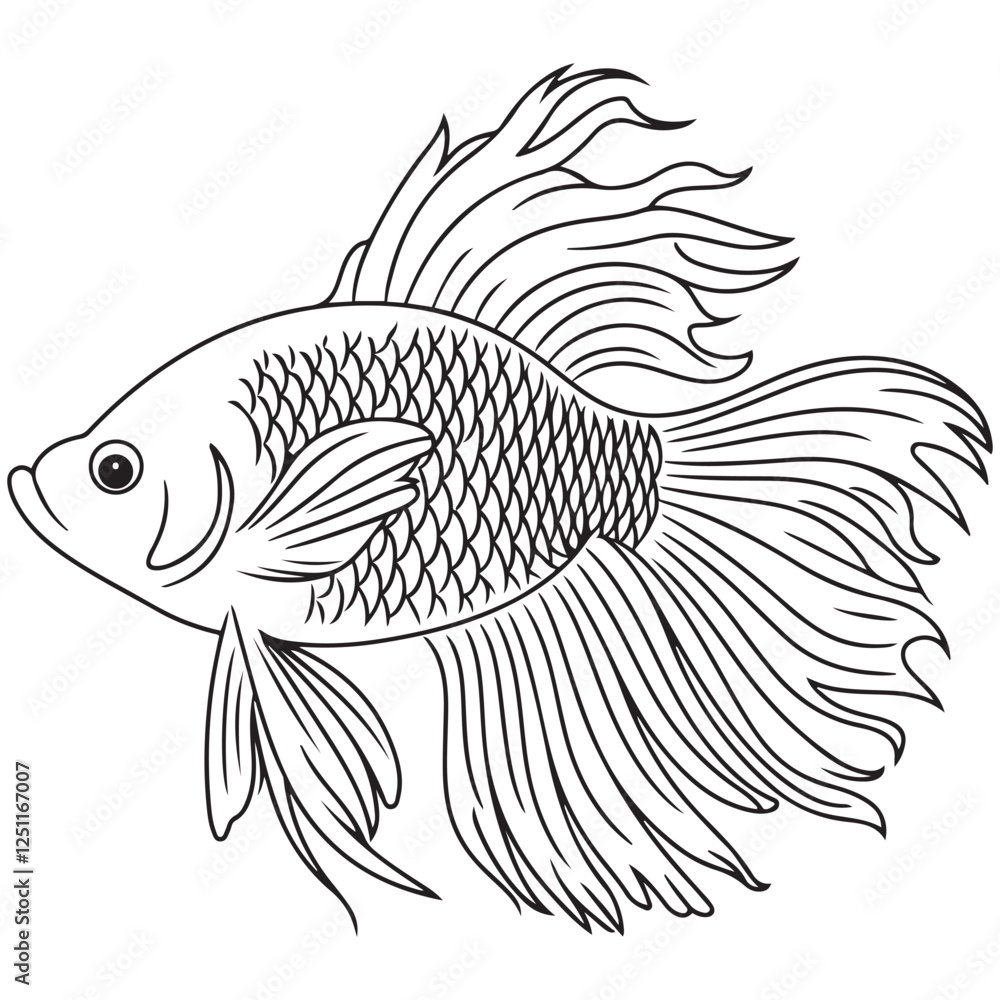 Fototapeta premium Betta fish or Siamese fighter fish in simple hand drawn line art style. Decorative goldfish veiltail. Illustration isolated on white background. Tattoo art design, coloring book page