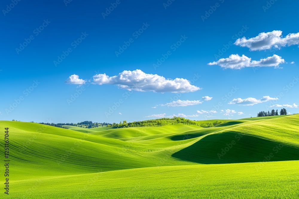 Obraz premium Rolling Green Hills Under Blue Sky - Picturesque landscape of gently rolling green hills under a vibrant blue sky with fluffy white clouds. Serene and idyllic nature scene.