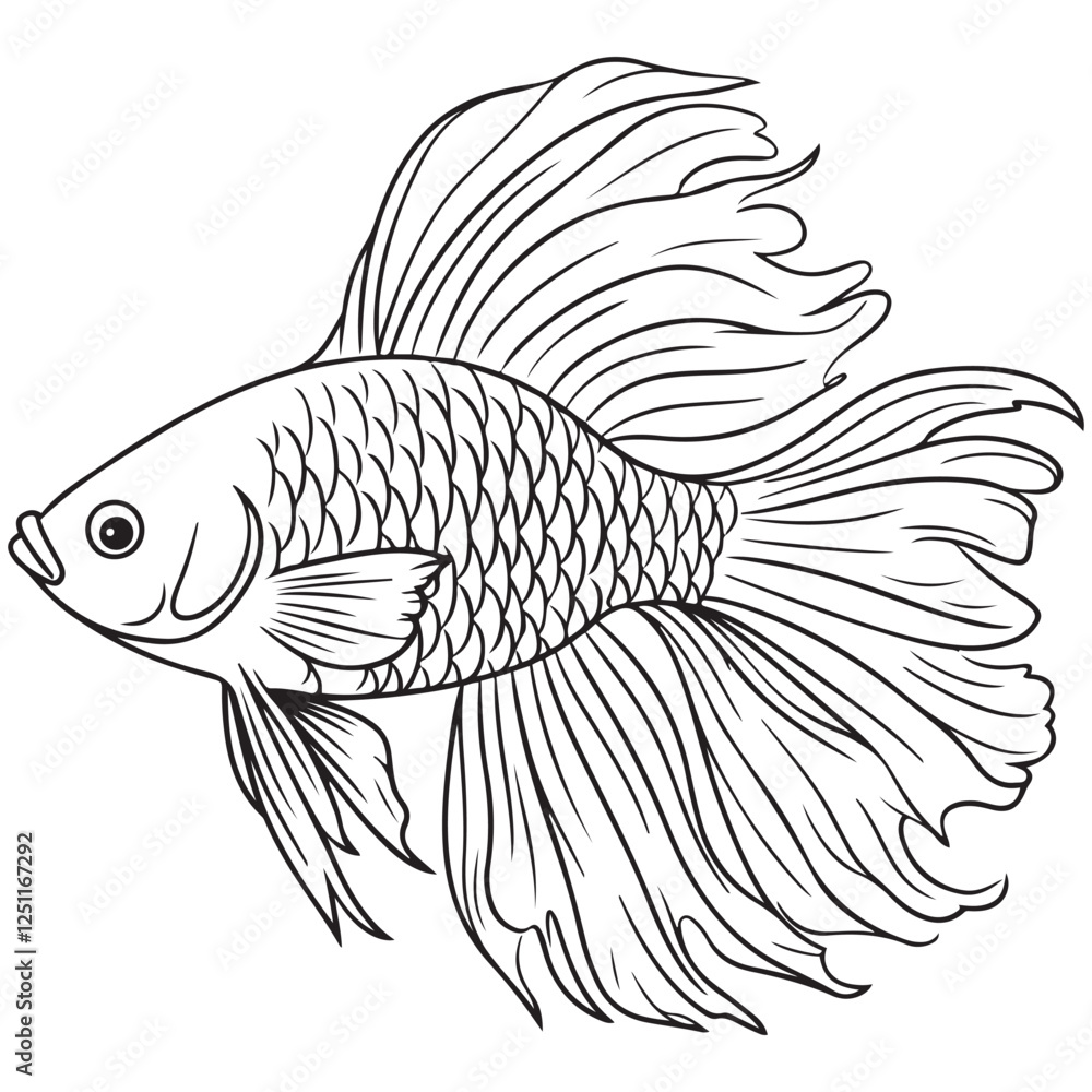 Fototapeta premium Betta fish or Siamese fighter fish in simple hand drawn line art style. Decorative goldfish veiltail. Illustration isolated on white background. Tattoo art design, coloring book page