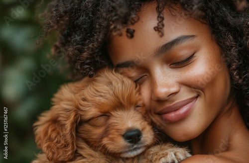 Volunteers at the shelter see a black woman holding a cute puppy, embodying the spirit of animal rescue and love photo