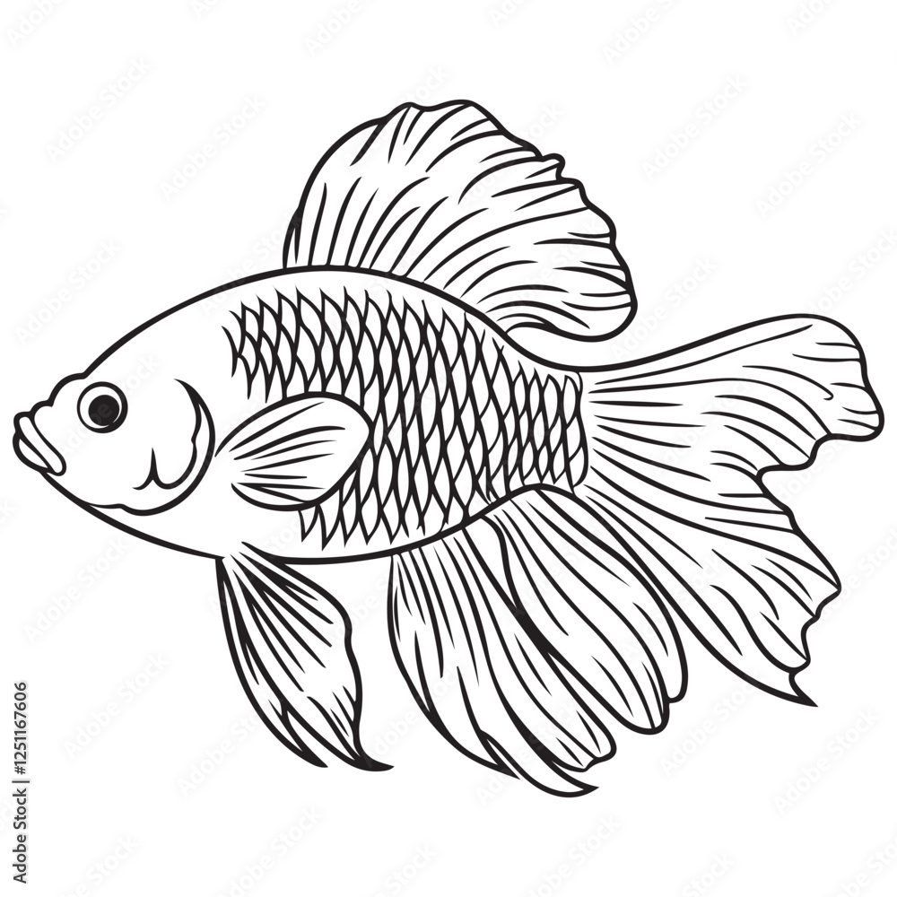 Fototapeta premium Betta fish or Siamese fighter fish in simple hand drawn line art style. Decorative goldfish veiltail. Illustration isolated on white background. Tattoo art design, coloring book page