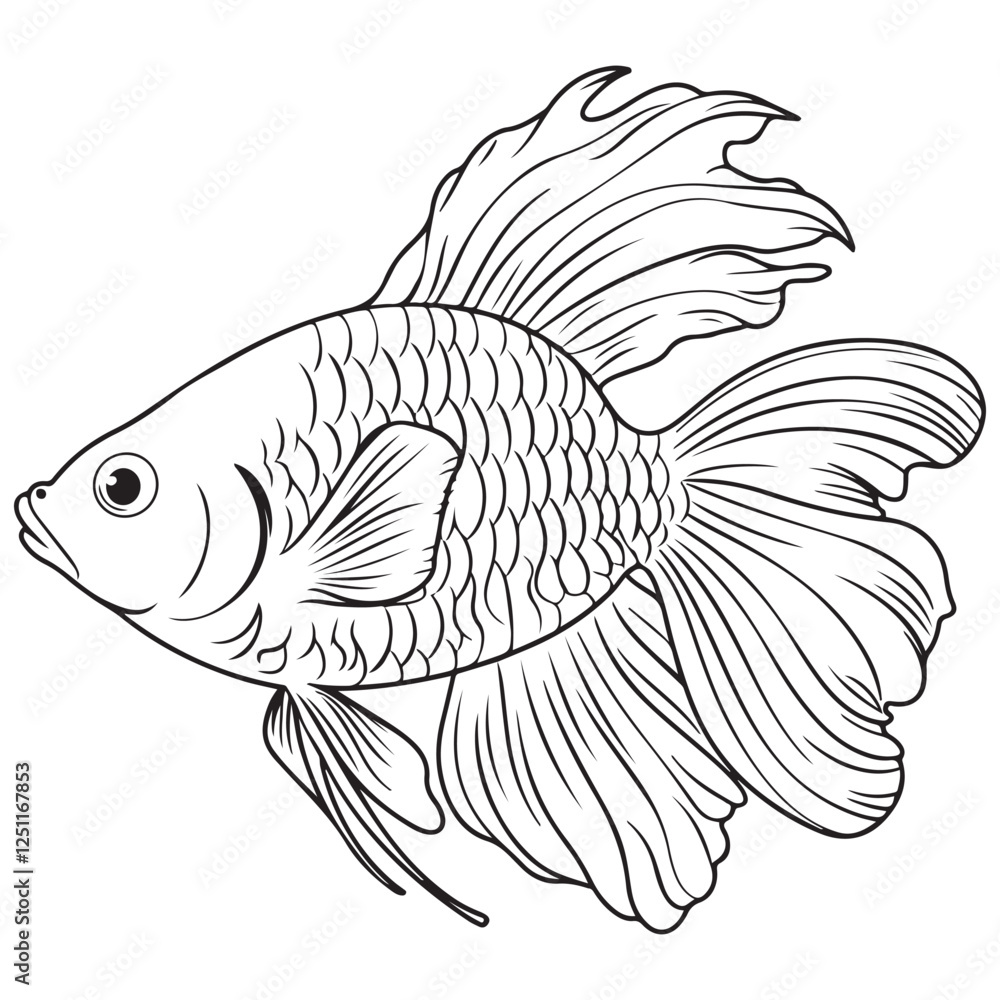 Fototapeta premium Betta fish or Siamese fighter fish in simple hand drawn line art style. Decorative goldfish veiltail. Illustration isolated on white background. Tattoo art design, coloring book page