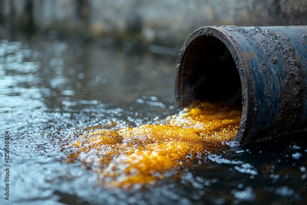The river receives contaminated water through the wastewater sewage pipe, leading to water pollution and environmental degradation The river receives contaminated water through the wastewater sewage pipe, leading to water pollution and environmental degradation