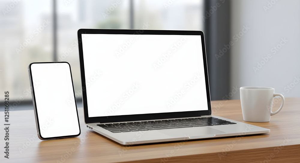Modern Workspace with Digital Devices - Laptop and Smartphone Modern Workspace with Digital Devices - Laptop and Smartphone