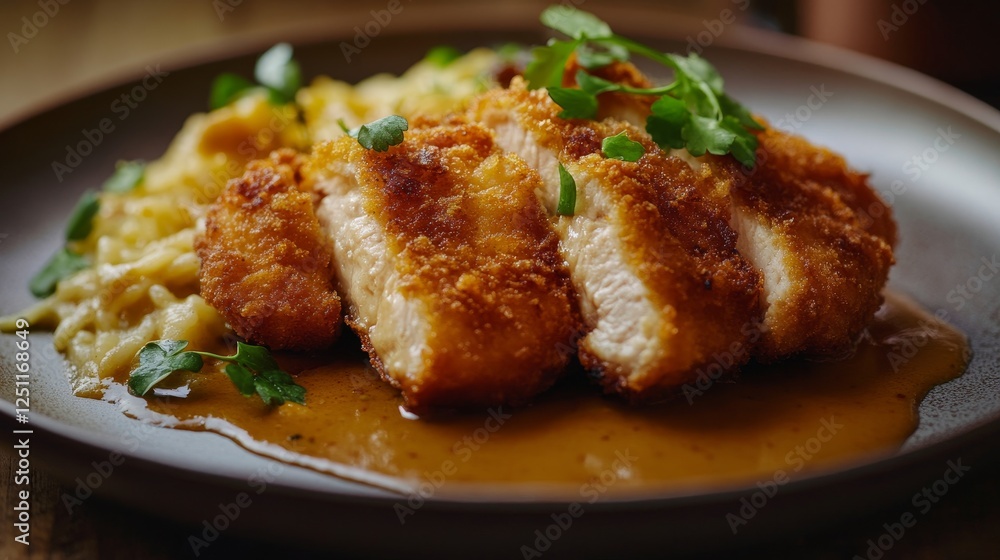 Crispy fried chicken served with savory cabbage and rich gravy at a cozy dining table Crispy fried chicken served with savory cabbage and rich gravy at a cozy dining table
