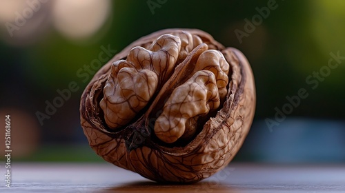 Closeup of Cracked Walnut in Shell with Detailed Texture on Natural Wooden Surface photo